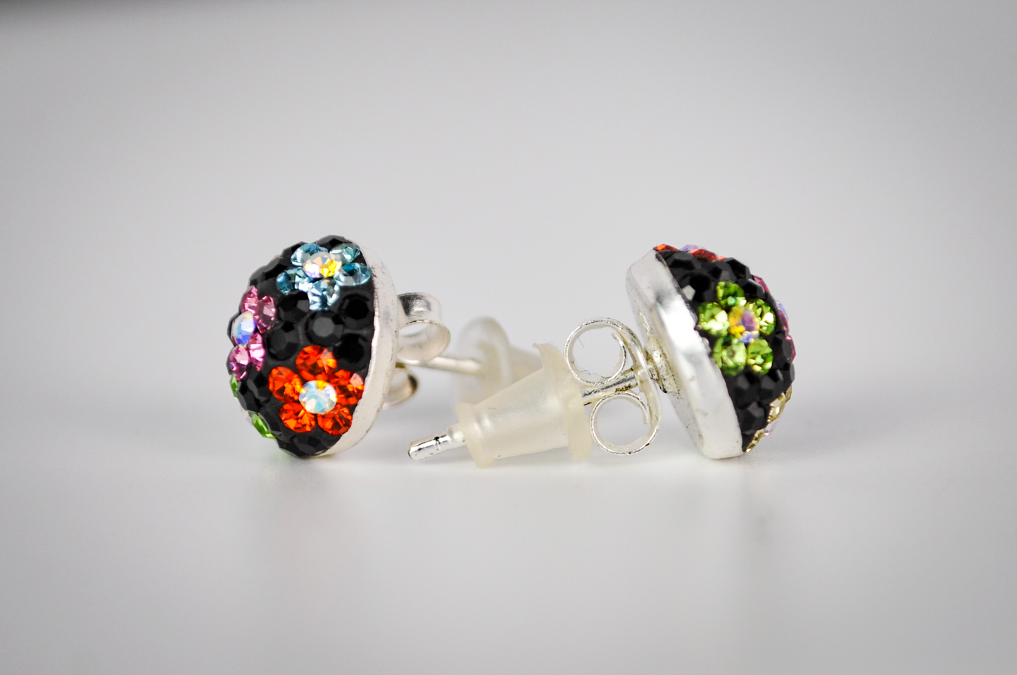 Vintage Sterling Silver Colorful Flower Pattern Rhinestones Stud Earrings - Stamped 925 -Adorable Rainbow Flowers Disco Ball Stud Earrings