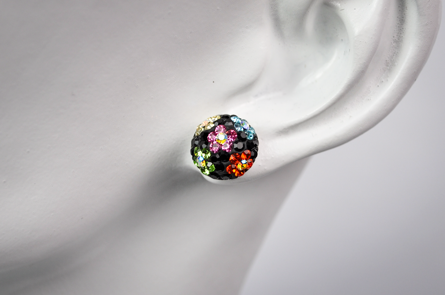 Vintage Sterling Silver Colorful Flower Pattern Rhinestones Stud Earrings - Stamped 925 -Adorable Rainbow Flowers Disco Ball Stud Earrings