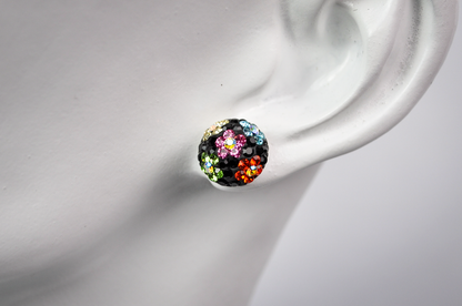 Vintage Sterling Silver Colorful Flower Pattern Rhinestones Stud Earrings - Stamped 925 -Adorable Rainbow Flowers Disco Ball Stud Earrings