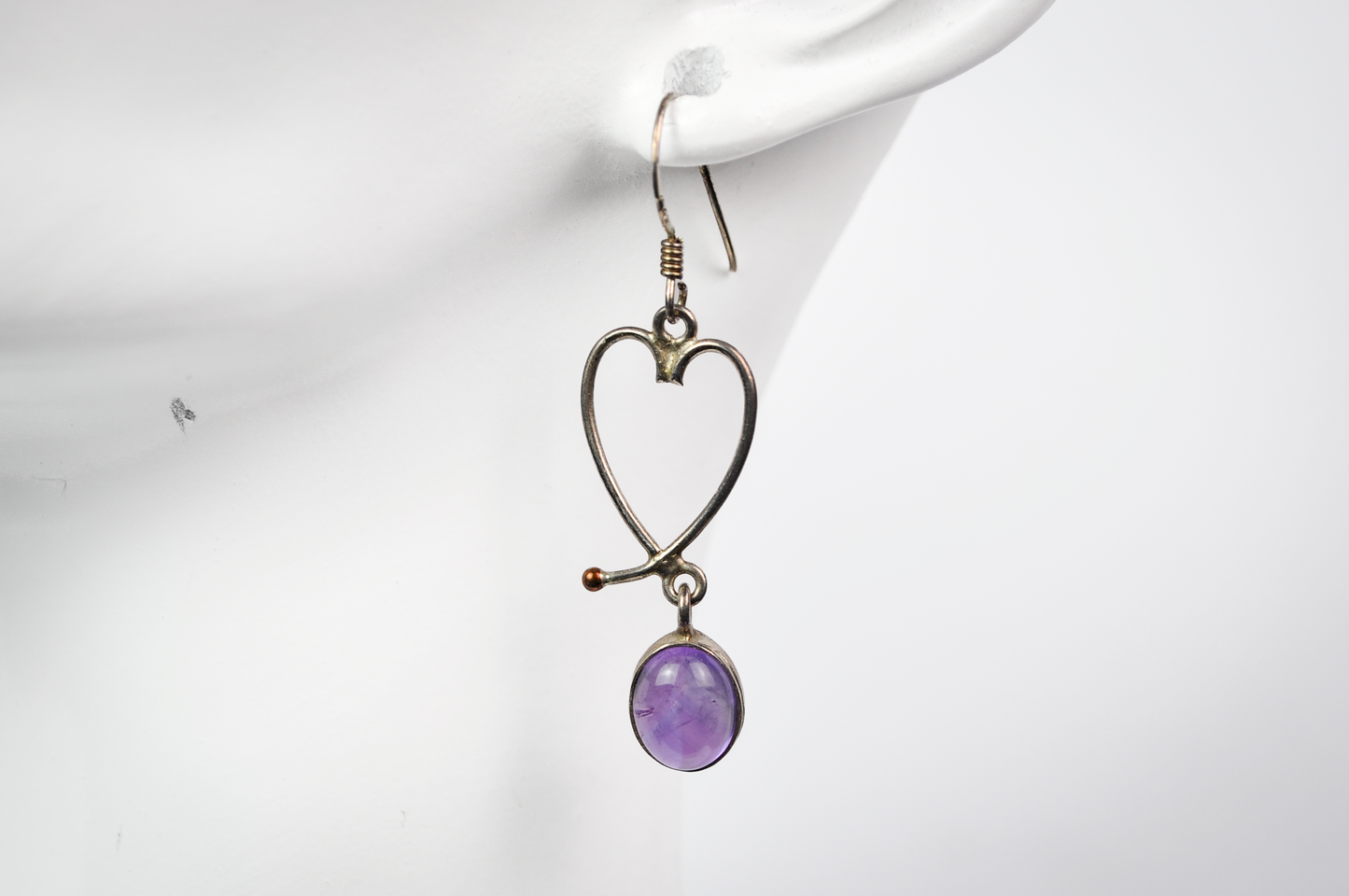 Vintage Sterling Silver 925 Openwork Heart and Purple Cabochon Dangle Earrings - Stamped 925 - Cute Purple Sterling Silver Heart Earrings