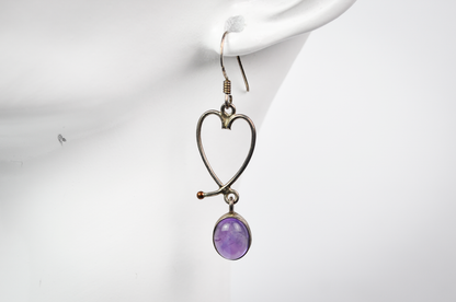 Vintage Sterling Silver 925 Openwork Heart and Purple Cabochon Dangle Earrings - Stamped 925 - Cute Purple Sterling Silver Heart Earrings
