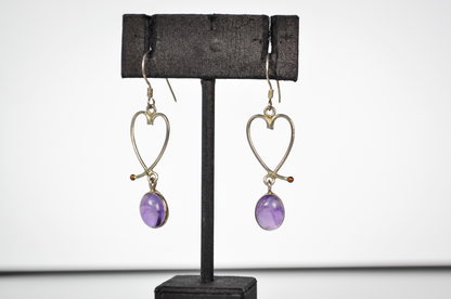 Vintage Sterling Silver 925 Openwork Heart and Purple Cabochon Dangle Earrings - Stamped 925 - Cute Purple Sterling Silver Heart Earrings