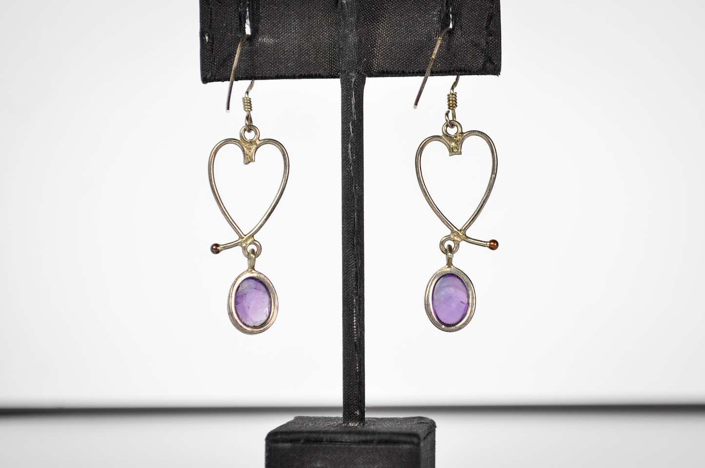 Vintage Sterling Silver 925 Openwork Heart and Purple Cabochon Dangle Earrings - Stamped 925 - Cute Purple Sterling Silver Heart Earrings