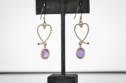 Vintage Sterling Silver 925 Openwork Heart and Purple Cabochon Dangle Earrings - Stamped 925 - Cute Purple Sterling Silver Heart Earrings