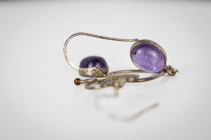 Vintage Sterling Silver 925 Openwork Heart and Purple Cabochon Dangle Earrings - Stamped 925 - Cute Purple Sterling Silver Heart Earrings