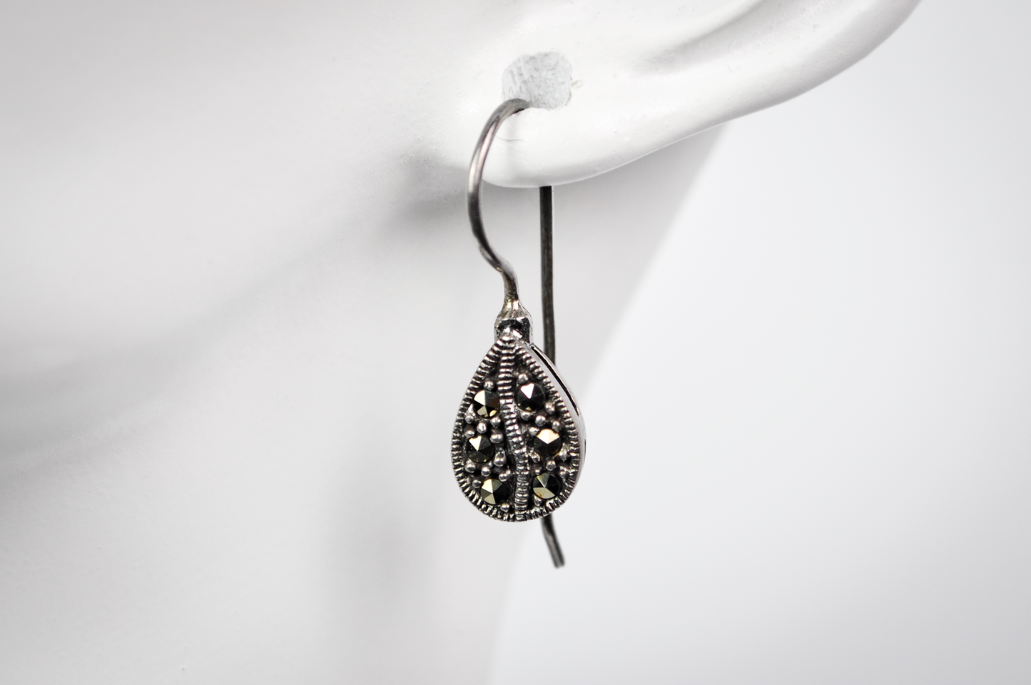 Vintage Sterling Silver Marcasite Teardrop Drop Earrings - Dainty Sterling 925 Stamped Teardrop Marcasite Earrings