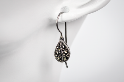 Vintage Sterling Silver Marcasite Teardrop Drop Earrings - Dainty Sterling 925 Stamped Teardrop Marcasite Earrings