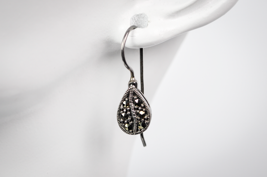 Vintage Sterling Silver Marcasite Teardrop Drop Earrings - Dainty Sterling 925 Stamped Teardrop Marcasite Earrings