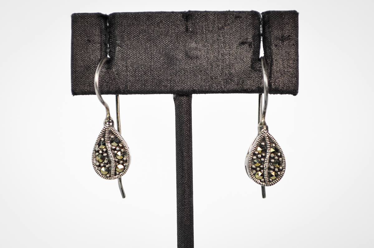 Vintage Sterling Silver Marcasite Teardrop Drop Earrings - Dainty Sterling 925 Stamped Teardrop Marcasite Earrings