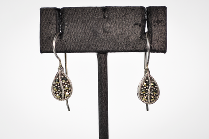 Vintage Sterling Silver Marcasite Teardrop Drop Earrings - Dainty Sterling 925 Stamped Teardrop Marcasite Earrings