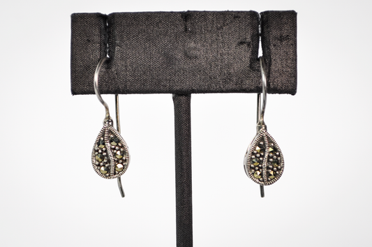 Vintage Sterling Silver Marcasite Teardrop Drop Earrings - Dainty Sterling 925 Stamped Teardrop Marcasite Earrings