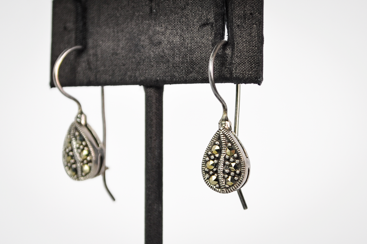 Vintage Sterling Silver Marcasite Teardrop Drop Earrings - Dainty Sterling 925 Stamped Teardrop Marcasite Earrings