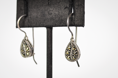 Vintage Sterling Silver Marcasite Teardrop Drop Earrings - Dainty Sterling 925 Stamped Teardrop Marcasite Earrings