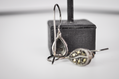 Vintage Sterling Silver Marcasite Teardrop Drop Earrings - Dainty Sterling 925 Stamped Teardrop Marcasite Earrings