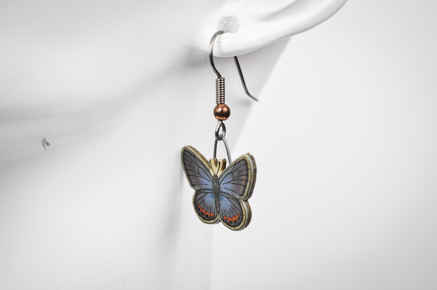 Jabebo Studios Karner Blue Butterfly Dangle Earrings - Made of Recycled Paperboard - Unique Eco-Friendly Butterfly Earrings