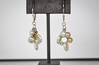 Vintage Sterling Silver Multi-Tone Genuine Freshwater Pearl Cluster Dangle Earrings - Stamped 925 - Stunning Sterling Silver Pearl Earrings