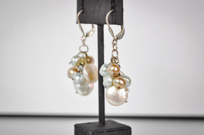 Vintage Sterling Silver Multi-Tone Genuine Freshwater Pearl Cluster Dangle Earrings - Stamped 925 - Stunning Sterling Silver Pearl Earrings