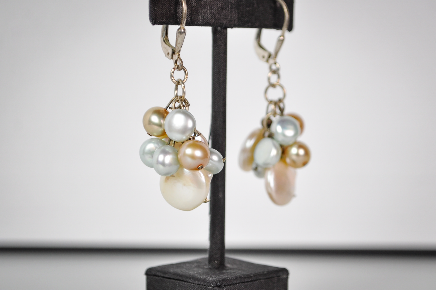 Vintage Sterling Silver Multi-Tone Genuine Freshwater Pearl Cluster Dangle Earrings - Stamped 925 - Stunning Sterling Silver Pearl Earrings
