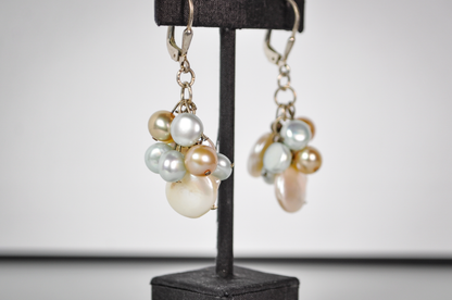 Vintage Sterling Silver Multi-Tone Genuine Freshwater Pearl Cluster Dangle Earrings - Stamped 925 - Stunning Sterling Silver Pearl Earrings