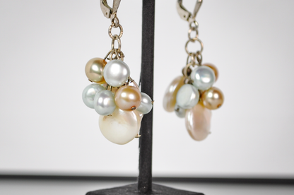 Vintage Sterling Silver Multi-Tone Genuine Freshwater Pearl Cluster Dangle Earrings - Stamped 925 - Stunning Sterling Silver Pearl Earrings
