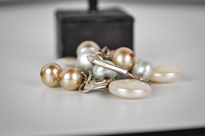Vintage Sterling Silver Multi-Tone Genuine Freshwater Pearl Cluster Dangle Earrings - Stamped 925 - Stunning Sterling Silver Pearl Earrings