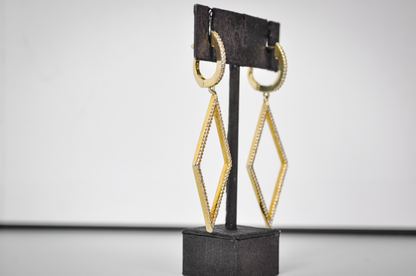 Beautiful Sterling Silver Gold Toned Rhinestone Diamond Dangle Earrings - Stamped "925 BSI" - Vintage Sterling 925 Gold Tone Geometric Earrings
