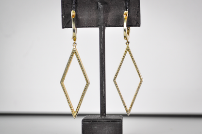 Beautiful Sterling Silver Gold Toned Rhinestone Diamond Dangle Earrings - Stamped "925 BSI" - Vintage Sterling 925 Gold Tone Geometric Earrings