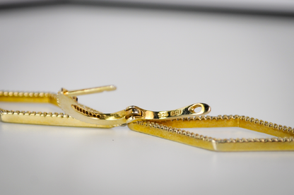 Beautiful Sterling Silver Gold Toned Rhinestone Diamond Dangle Earrings - Stamped "925 BSI" - Vintage Sterling 925 Gold Tone Geometric Earrings