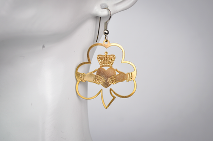 Vintage Gold Tone Irish Claddagh Symbol and Clover Flat Cutout Dangle Earrings - Stunning Large Gold Toned Ireland Clover Earrings