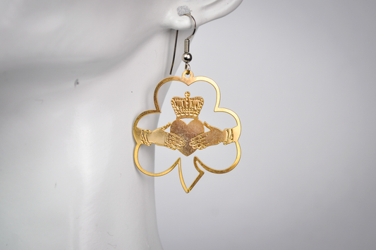 Vintage Gold Tone Irish Claddagh Symbol and Clover Flat Cutout Dangle Earrings - Stunning Large Gold Toned Ireland Clover Earrings