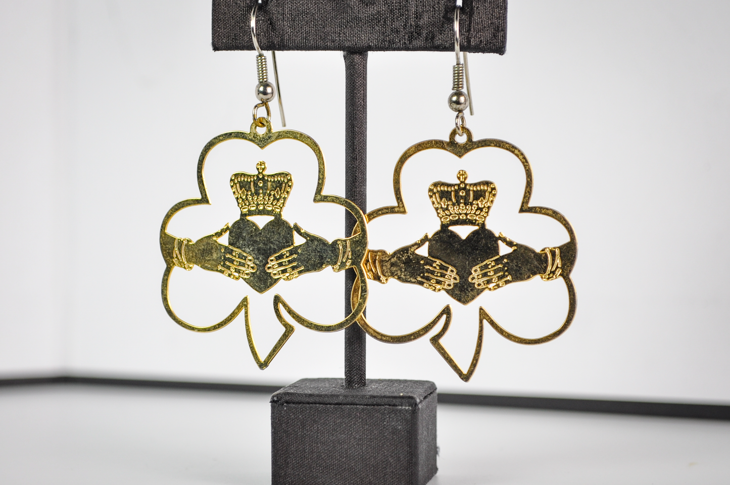 Vintage Gold Tone Irish Claddagh Symbol and Clover Flat Cutout Dangle Earrings - Stunning Large Gold Toned Ireland Clover Earrings