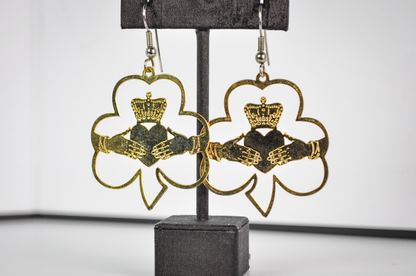 Vintage Gold Tone Irish Claddagh Symbol and Clover Flat Cutout Dangle Earrings - Stunning Large Gold Toned Ireland Clover Earrings