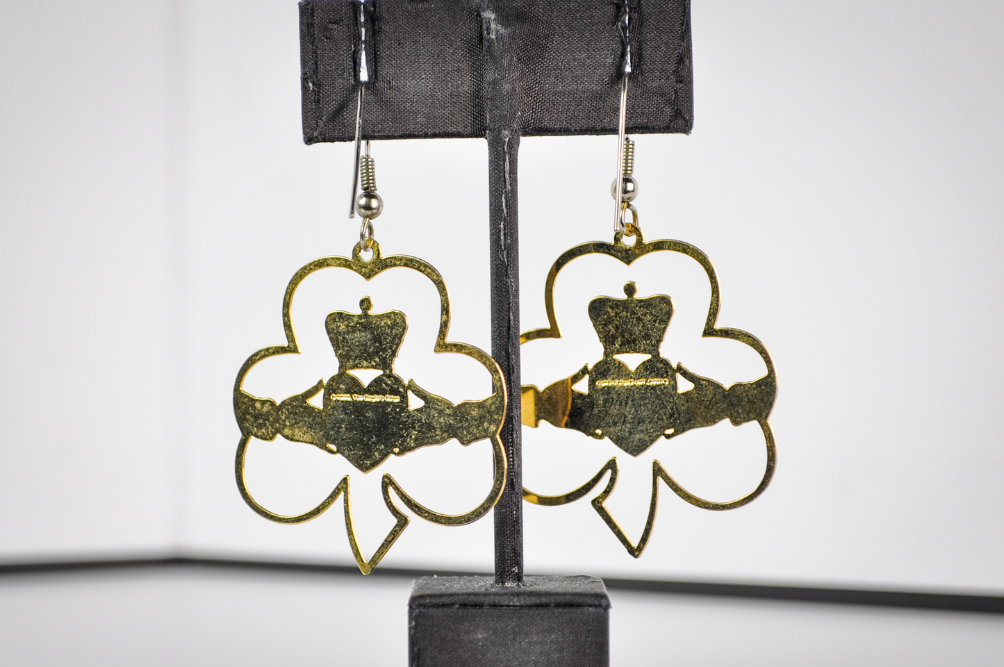 Vintage Gold Tone Irish Claddagh Symbol and Clover Flat Cutout Dangle Earrings - Stunning Large Gold Toned Ireland Clover Earrings