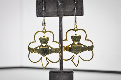 Vintage Gold Tone Irish Claddagh Symbol and Clover Flat Cutout Dangle Earrings - Stunning Large Gold Toned Ireland Clover Earrings