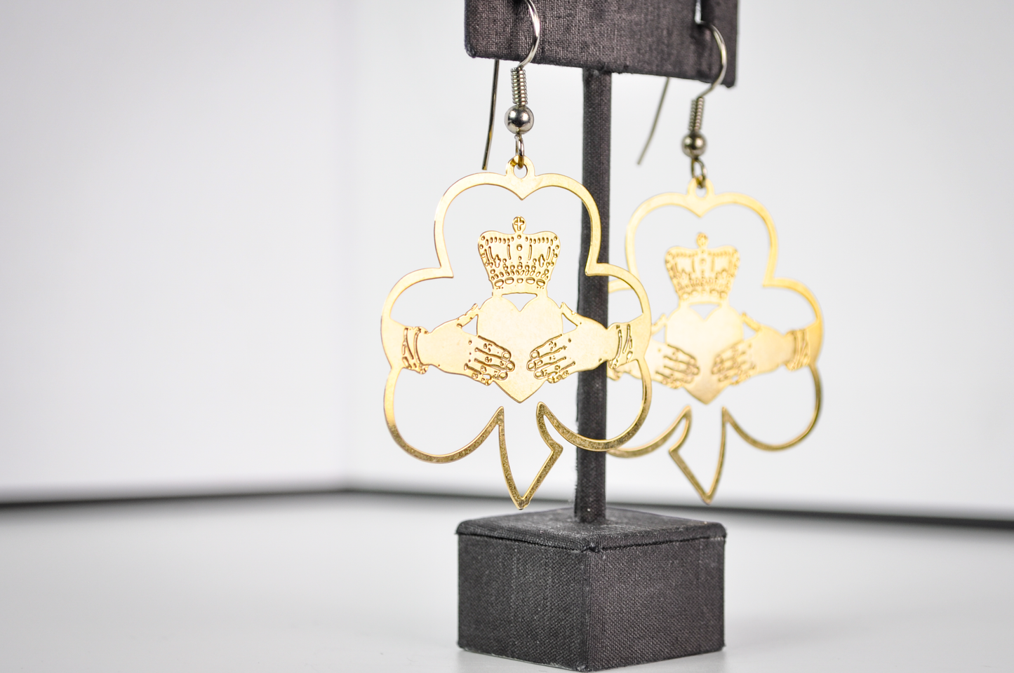 Vintage Gold Tone Irish Claddagh Symbol and Clover Flat Cutout Dangle Earrings - Stunning Large Gold Toned Ireland Clover Earrings
