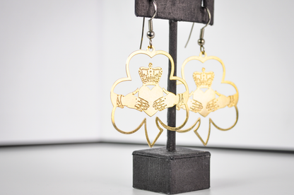 Vintage Gold Tone Irish Claddagh Symbol and Clover Flat Cutout Dangle Earrings - Stunning Large Gold Toned Ireland Clover Earrings