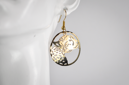 Vintage Gold-Plated Wild Bryde Leopard Cutout Dangle Earrings - 1990s Flat Gold-Plated Leopard Head Earrings