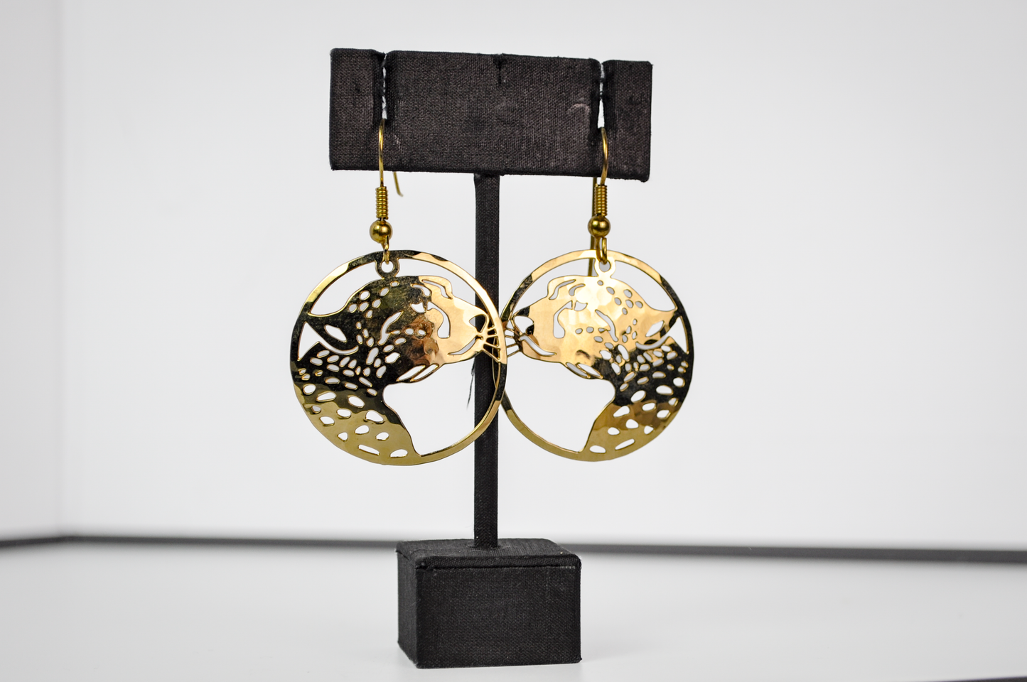 Vintage Gold-Plated Wild Bryde Leopard Cutout Dangle Earrings - 1990s Flat Gold-Plated Leopard Head Earrings