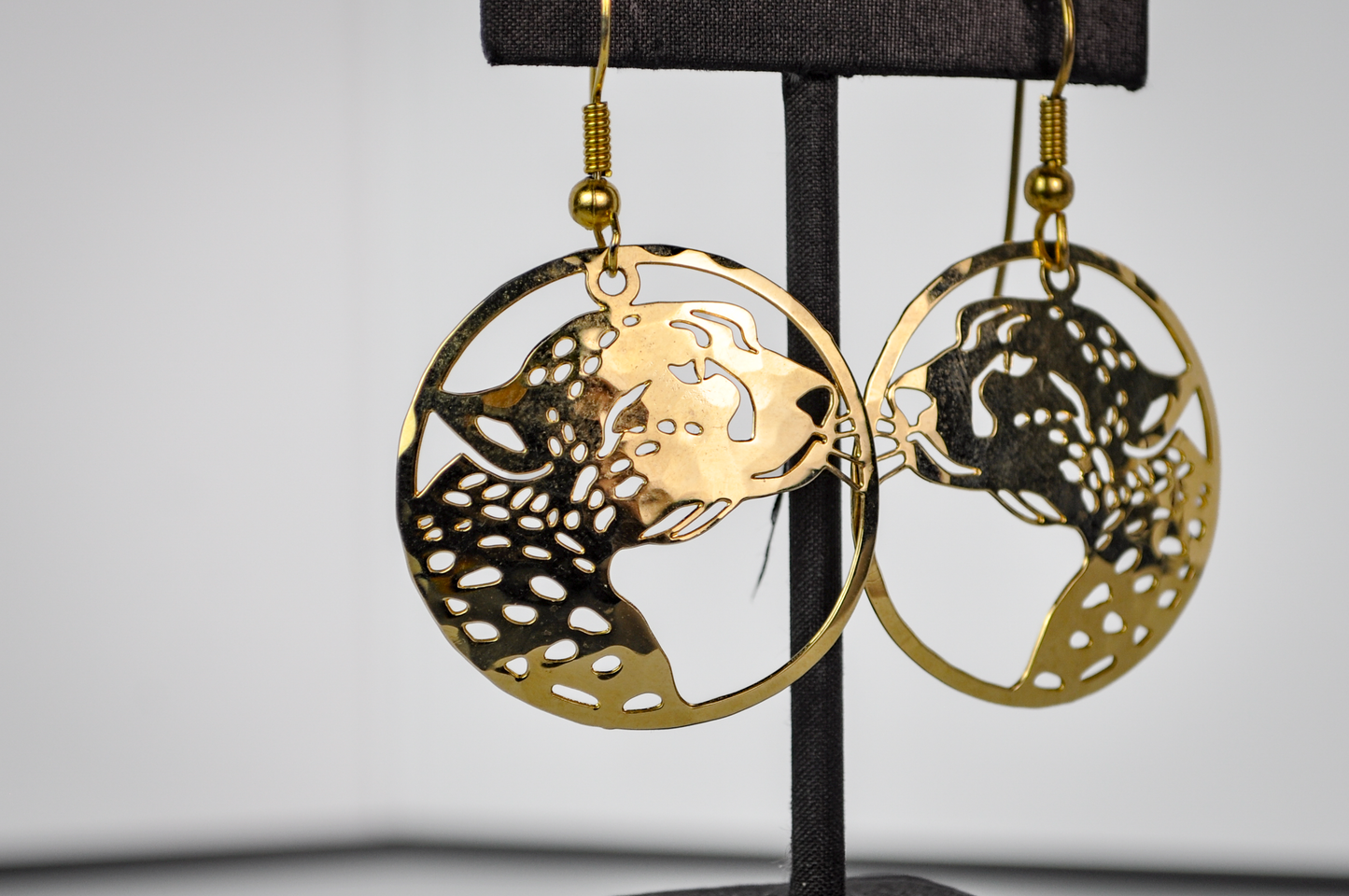 Vintage Gold-Plated Wild Bryde Leopard Cutout Dangle Earrings - 1990s Flat Gold-Plated Leopard Head Earrings