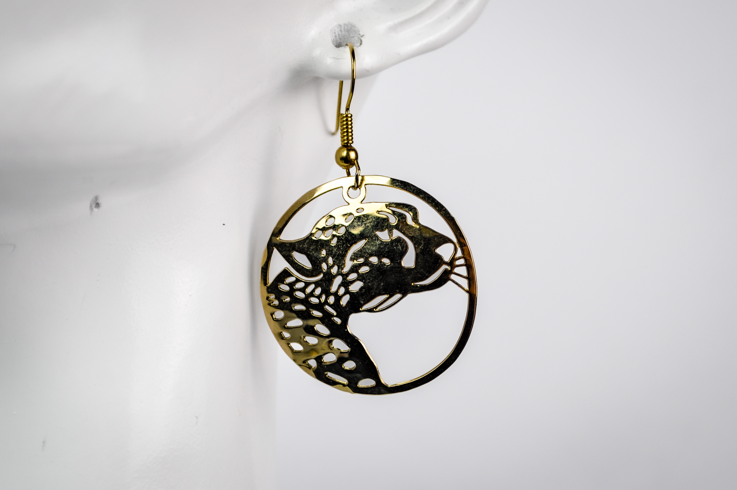 Vintage Gold-Plated Wild Bryde Leopard Cutout Dangle Earrings - 1990s Flat Gold-Plated Leopard Head Earrings