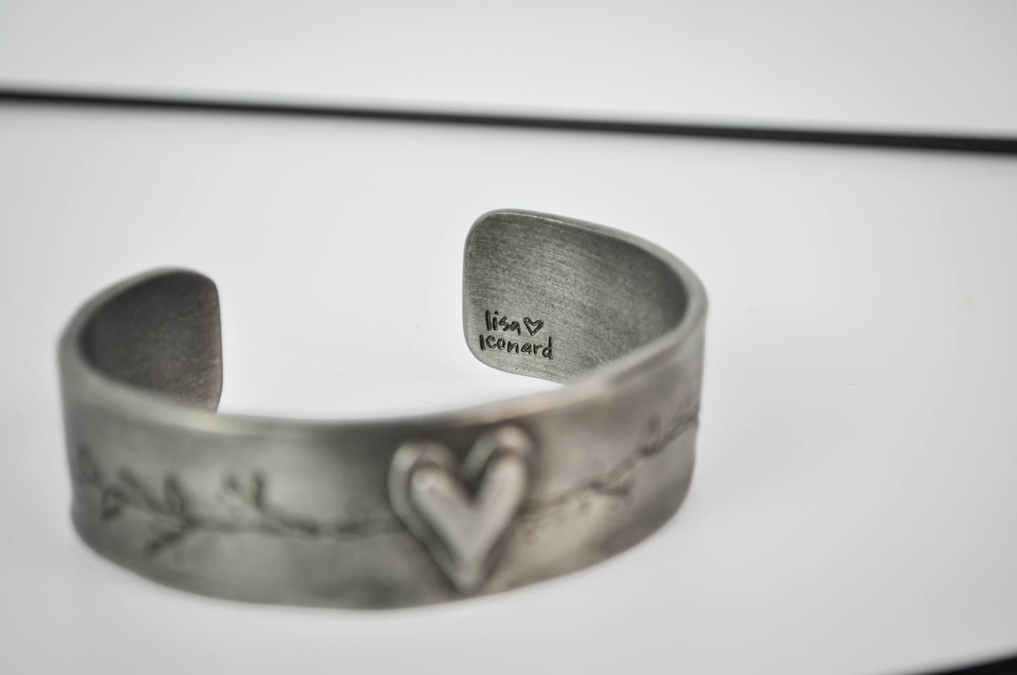 Vintage Lisa Leonard Pewter 'Let Love Grow' Heart and Vines Cuff Bracelet - 1990s Pewter Love Heart Lisa Leonard Bangle Cuff