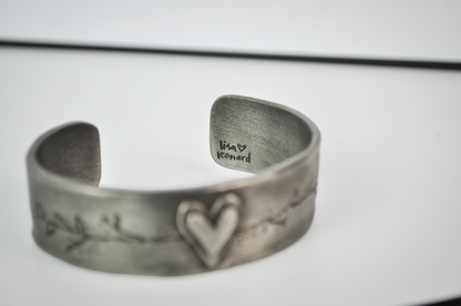 Vintage Lisa Leonard Pewter 'Let Love Grow' Heart and Vines Cuff Bracelet - 1990s Pewter Love Heart Lisa Leonard Bangle Cuff