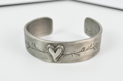 Vintage Lisa Leonard Pewter 'Let Love Grow' Heart and Vines Cuff Bracelet - 1990s Pewter Love Heart Lisa Leonard Bangle Cuff