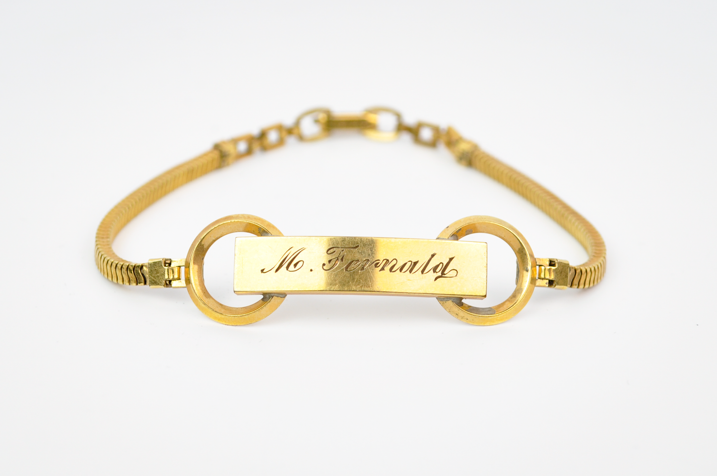 Vintage 12KT Gold Filled LaMode Engraved Ladies ID Bracelet - "M. Fernald" Engraved - 1970s La Mode Gold Identification Bracelet