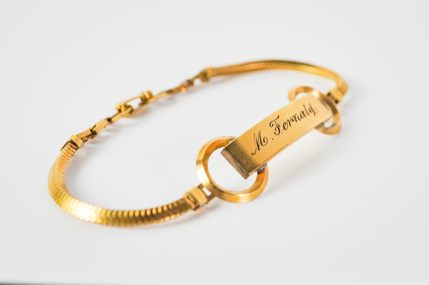 Vintage 12KT Gold Filled LaMode Engraved Ladies ID Bracelet - "M. Fernald" Engraved - 1970s La Mode Gold Identification Bracelet