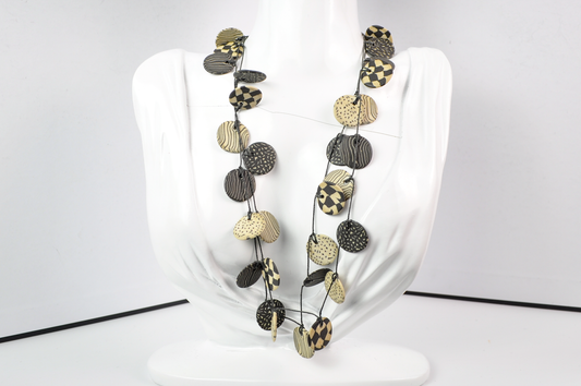 Fine Artist Made Kenwood Porcelain Black Cord Necklace by Thomas A. Hoadley - Black and White Pattern Kenwood Porcelain Necklace