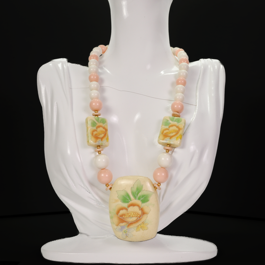Vintage Japanese Floral Ceramic and Lucite Statement Necklace - Japan Stamped - Ceramic Gold Tone Japan Style Pink and White Necklace