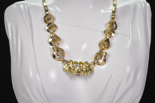 1961 Sarah Coventry "Monte Carlo" Style Gold Tone Yellow Rhinestones Chocker Necklace - Vintage MCM Sarah Cov Monte Carlo Chocker