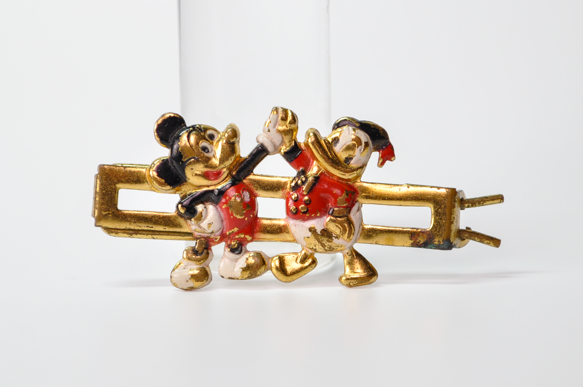 Vintage Disney Gold Tone Mickey Mouse Donald Duck Painted Barrette Hair Clip - Rare Disney Accessory - 1950s Disney High Five Hair Clip
