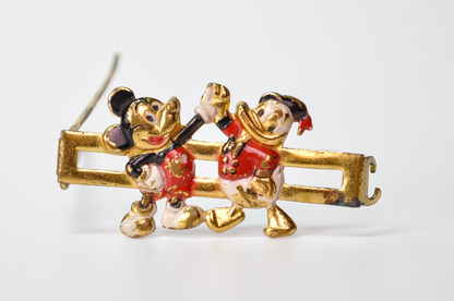 Vintage Disney Gold Tone Mickey Mouse Donald Duck Painted Barrette Hair Clip - Rare Disney Accessory - 1950s Disney High Five Hair Clip
